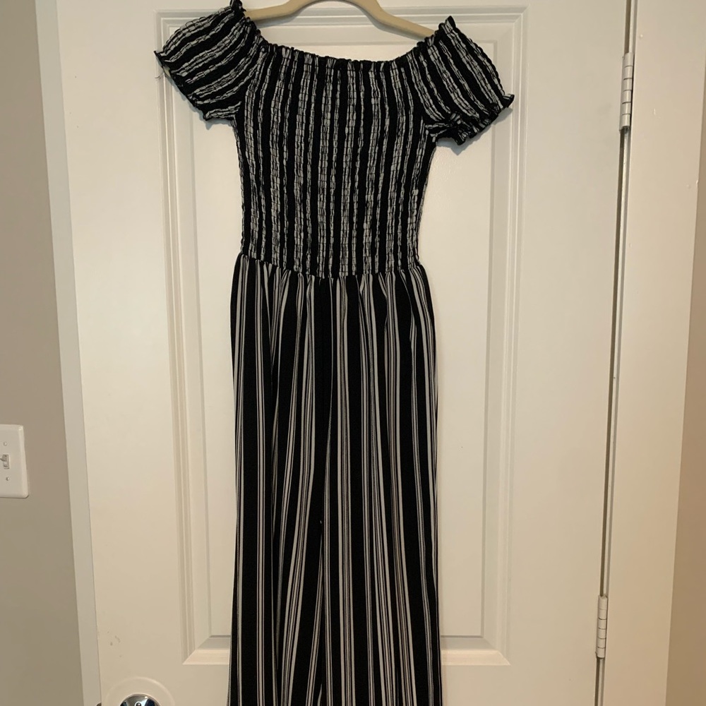 Black and white stripped over the shoulder jumper